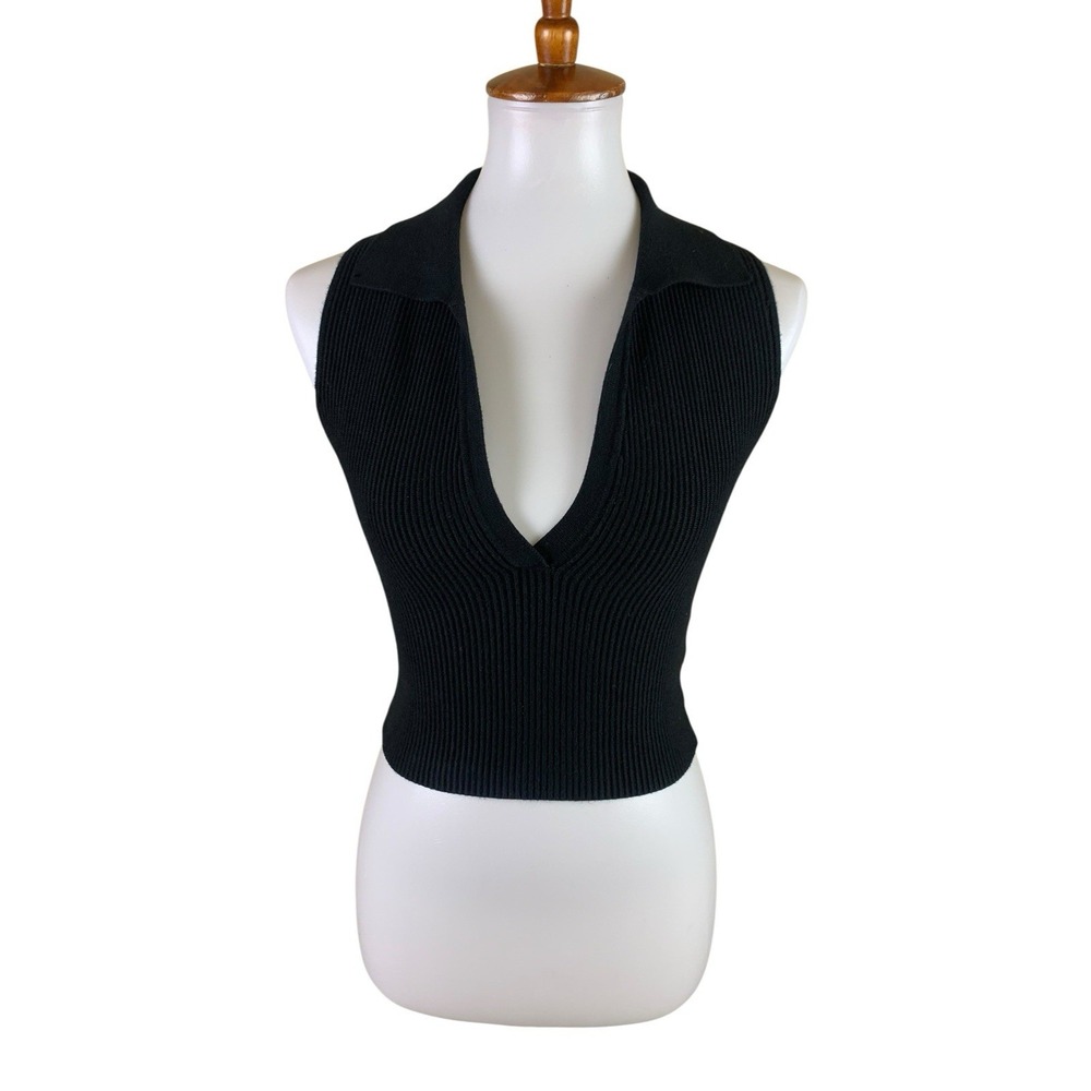 House Of Harlow 1960 Black Ribbed V-Neck Halter Top Small Y2K Quiet Luxury